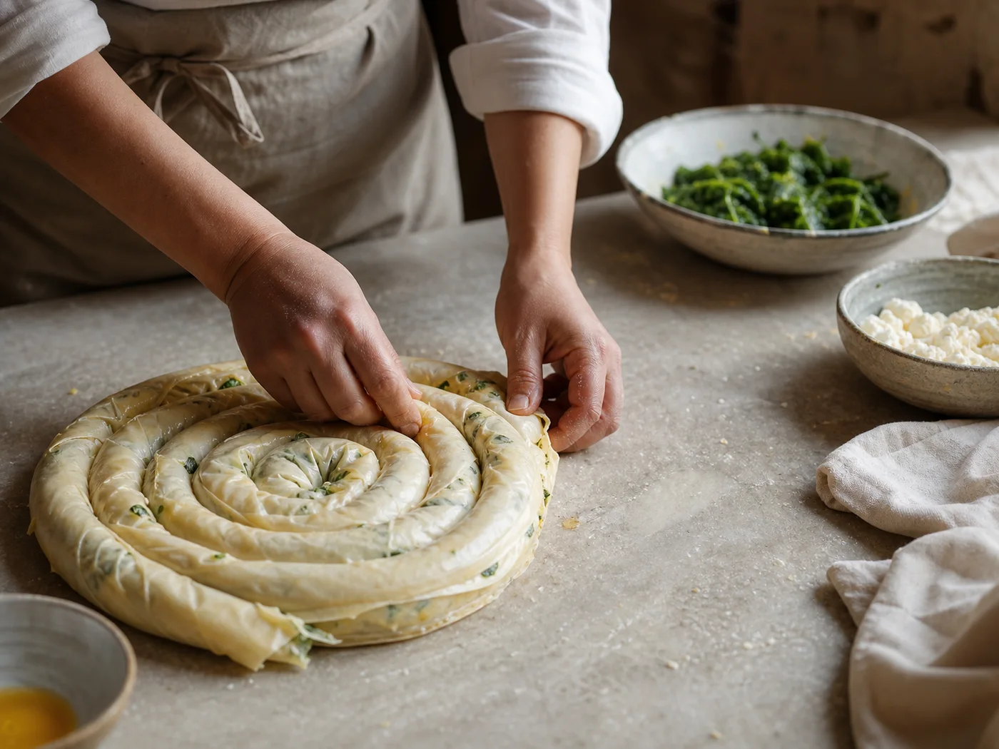 Burek wird in der Tiara Backstube von Hand geformt